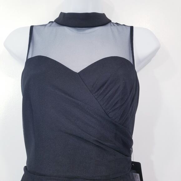 BEBE Black Ruched Illusion Neckline Ruffle Cocktail Dress Sleeveless Mock Neck - Picture 6 of 12